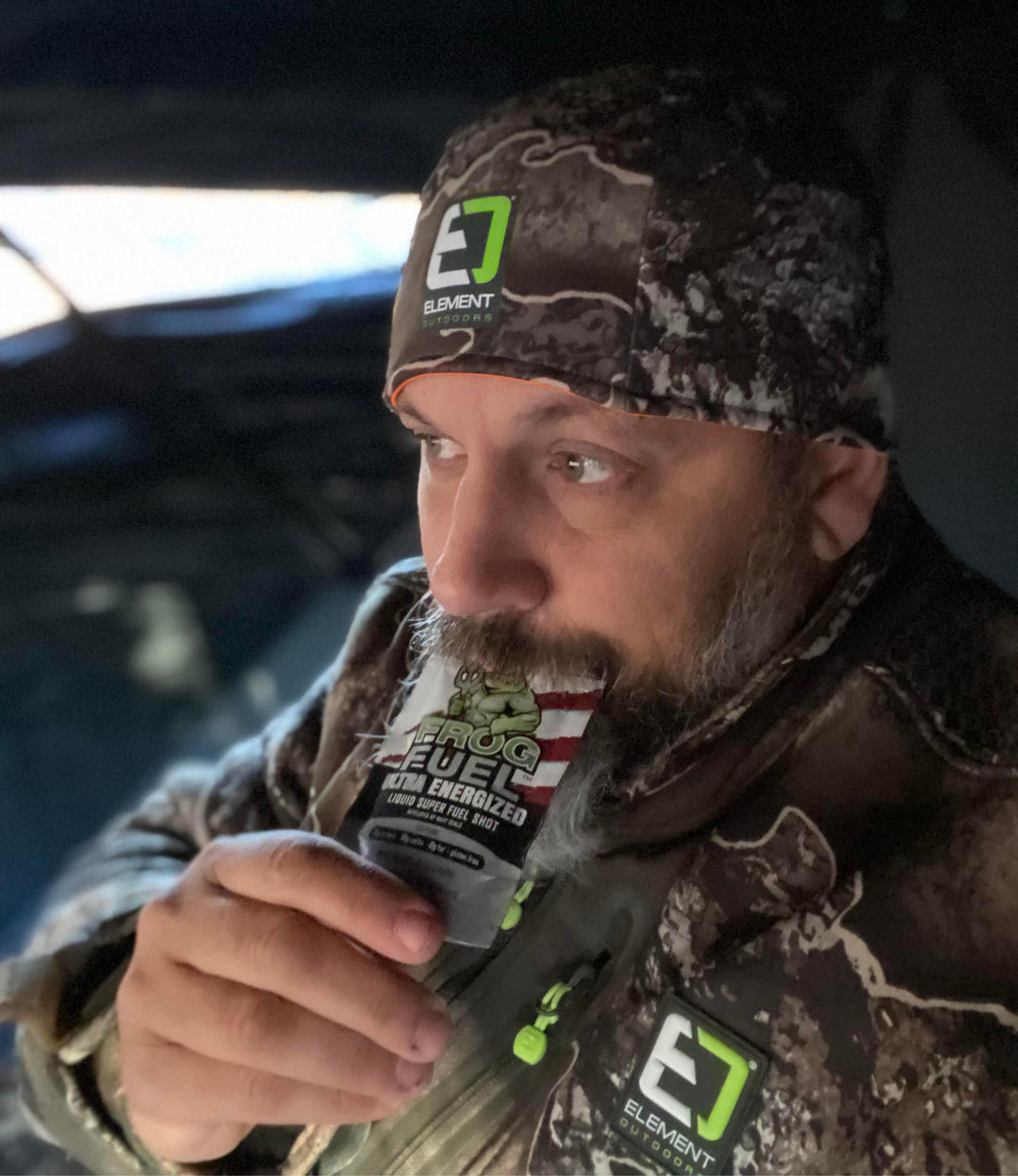 Hunter drinking Frog Fuel liquid collagen, one of the best deer hunting snacks